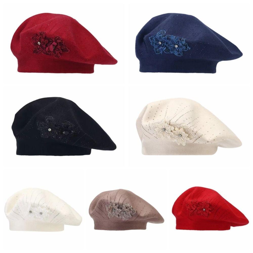 Solid Color Flower Wool Beret Rhinestone Beret Hat Elegant French Style Painter Cap Autumn Winter