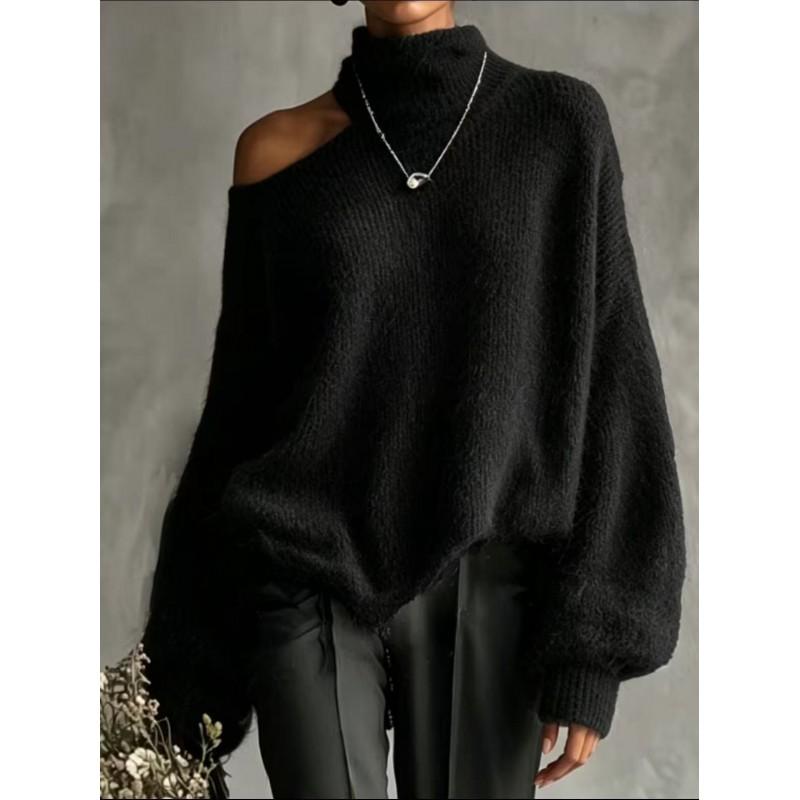 Womens Oversized Turtleneck Knit Sweater Loose Fit Shoulder-Exposing Pullover Winter 2026
