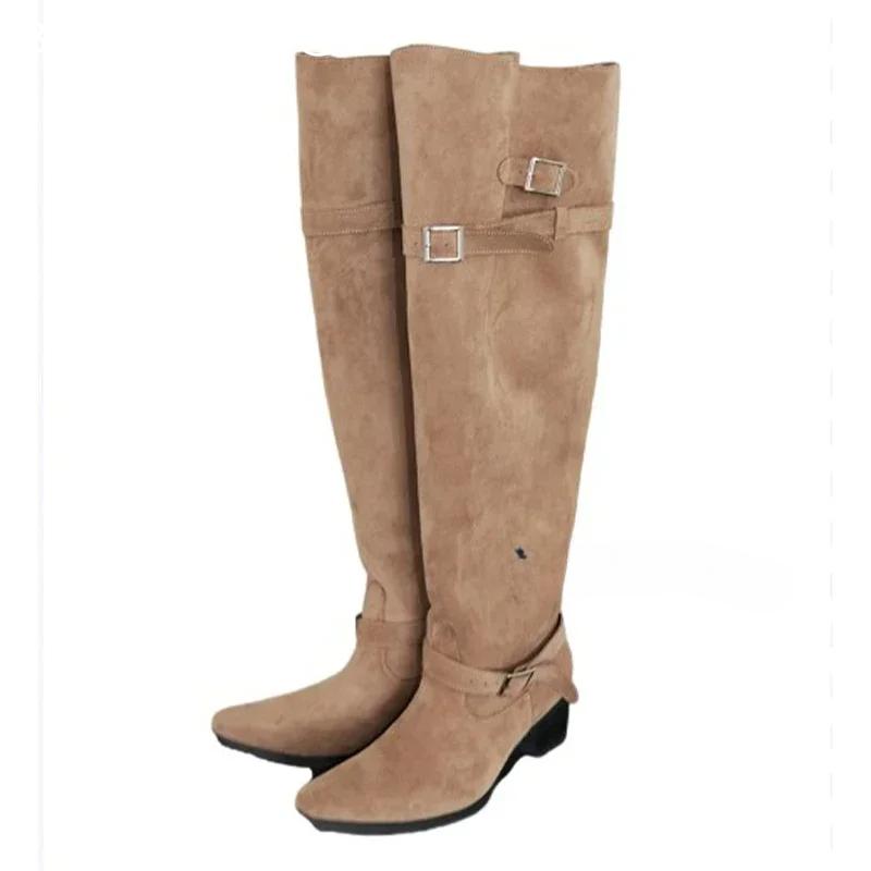 Женские высокие сапоги с острым носком, замшевые ботинки челси, туфли на каблуках, женская обувь 2025 года, модные гладиаторы, мотоциклетные зимние ботинки Mujer