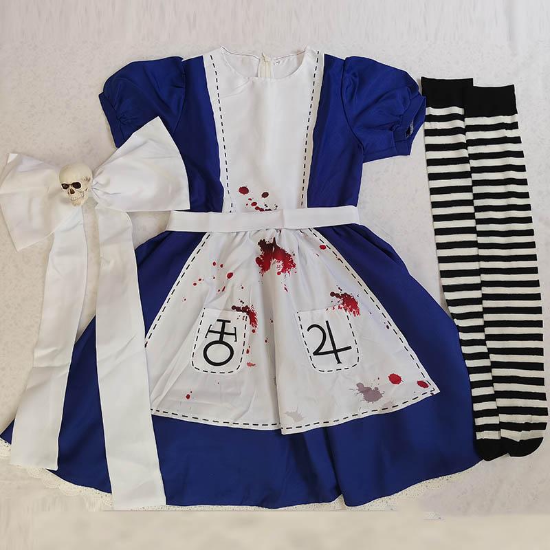 Кровавая Алиса Косплей Костюм Аниме Alice Madness Returns Наряд горничной с нарядным фартуком, ожерельем, Хэллоуин, маскарадный костюм для женщин