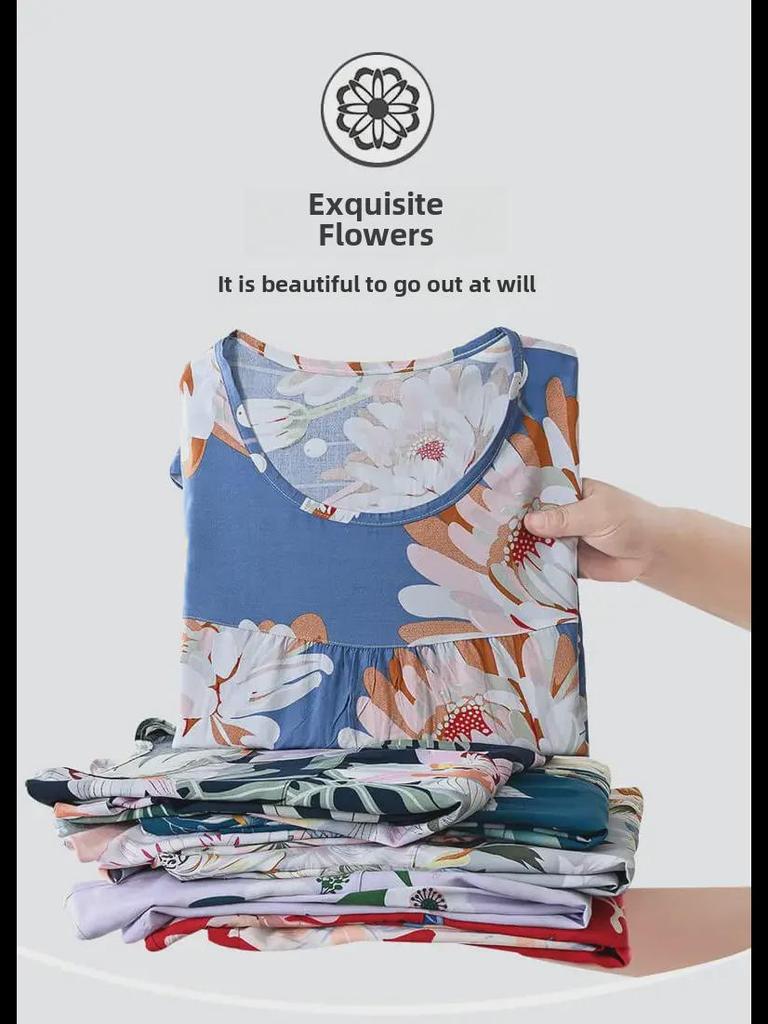 Женский летний пижамный комплект из хлопкового шелка - комплект из двух предметов с короткими рукавами для матерей среднего и пожилого возраста, подходит для ношения в помещении и на улице