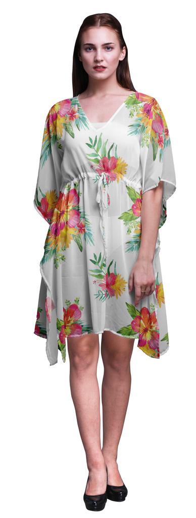 Bimba White2 Floral Tropical Leaves & Ladies Plus Size Kaftan Summer Wear Beach Coverup Kimono