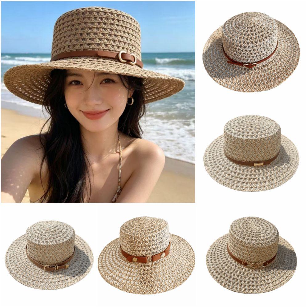 Woven Straw Hat Hollow Out Flat Brim Hat French Retro Style Flat Top Hat Coastal Trip