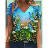 Women's V-Neck Short Sleeve Line Beauty Printed Tops Loose T-Shirt Casual Blouse