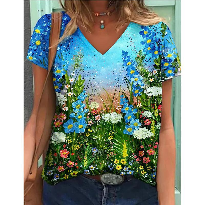 Women's V-Neck Short Sleeve Line Beauty Printed Tops Loose T-Shirt Casual Blouse