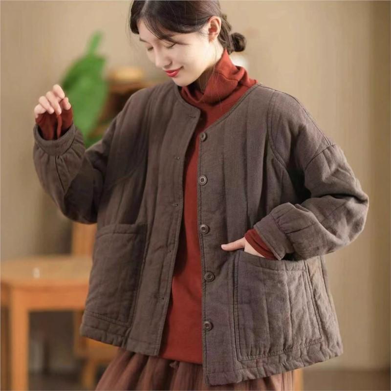 Johnature Винтажный стиль О-образный вырез однобортный свободный сращивающийся пальто женский зимнее однотонное длинное рукава ретро пальто