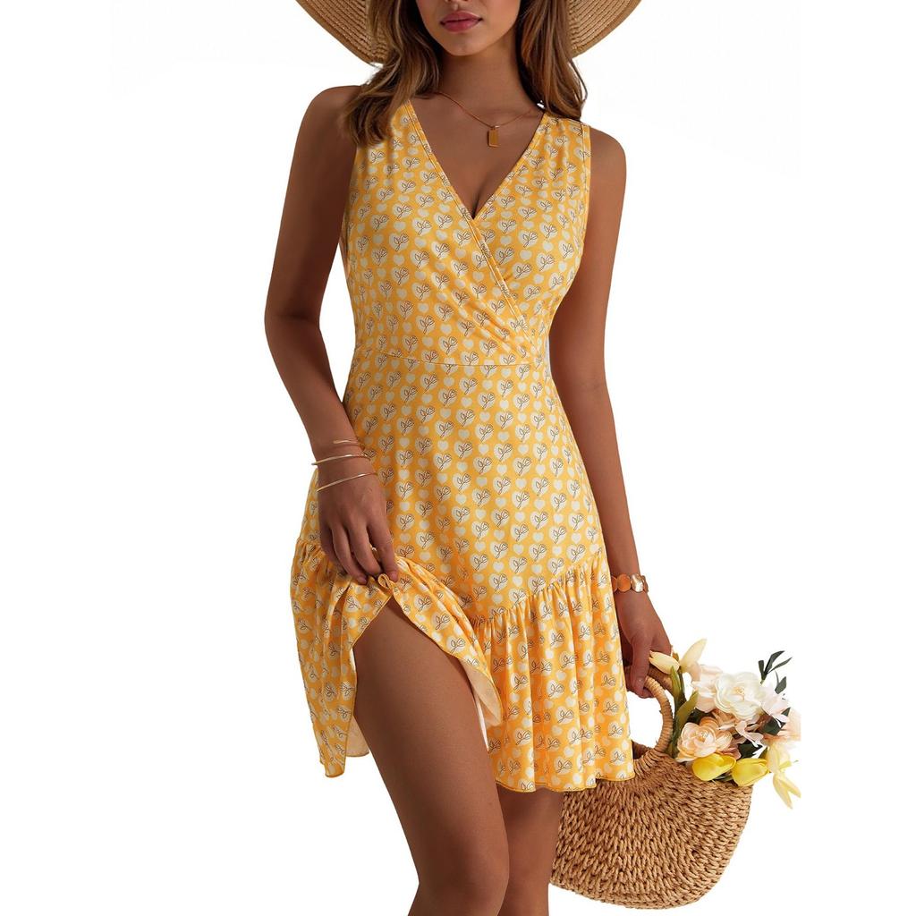 Women Casual Sleeveless Summer Dresses Spring V Neck Patchwork Boho Floral Cocktail Party Dress