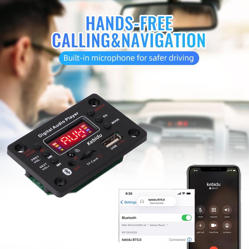 Плата декодера Bluetooth 5,0 постоянного тока, автомобильный MP3-плеер, может записывать микрофон, аудиоусилитель для модификации динамиков, поддержка FM TF SD USB AUX