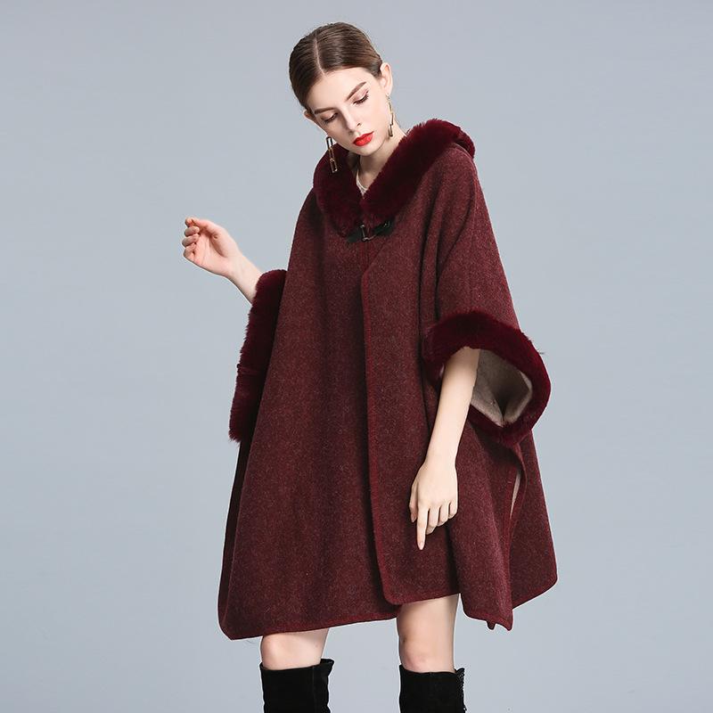 Autumn Winter Hooded Shawl Cape Imitation Wool Woolen Loose Ponchos Capes Cloak