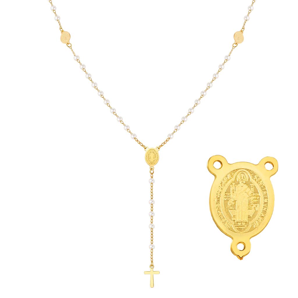Stainless Steel Rosary Necklace For Wome, Long Chain Virgin Mary Y-shape Gold Plated Catholic Religious Jewelry