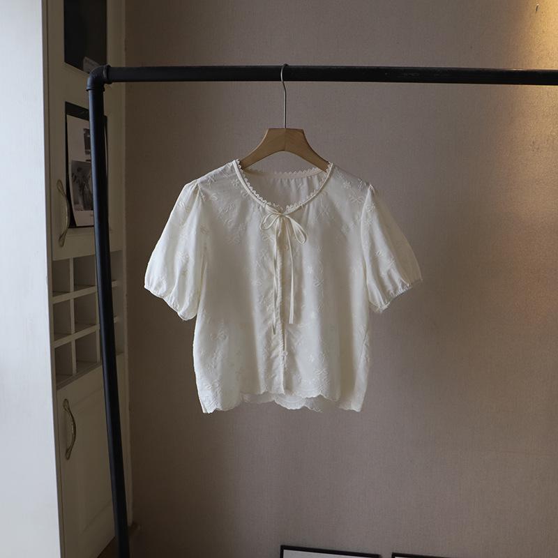 Корейская кружевная жаккардовая рубашка с рукавами-пузырями и завязками для женщин - Коллекция Лето 2025