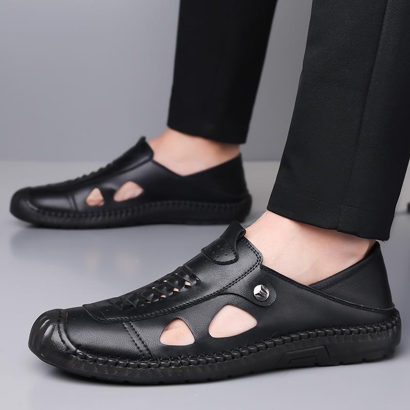 Fashion Breathable Handmade Hollow Out Leather Men Loafers Shoes Slip On Leather Outdoor Men Flats Sandals Daily Commute Casual Sandals