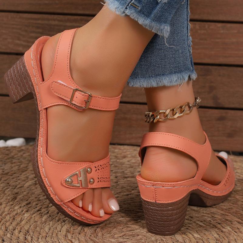 Fashion Round Head Metal Buckle Open Toe Heels Summer New Fashion Medium Heel Soft Sole Stitching Heels