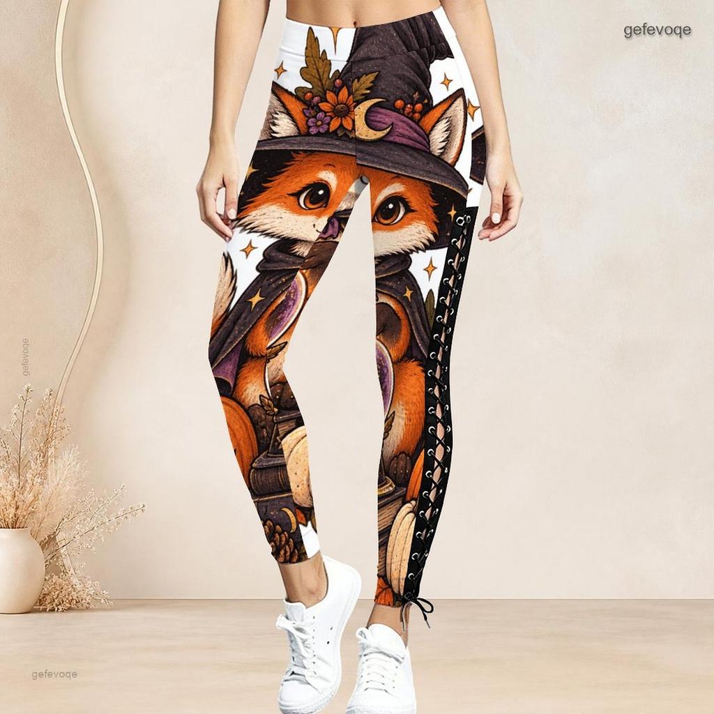 Women Plus Size High Waist Panda Halloween Printed Side Eyelet Lace Up Full Length Fitted Leggings