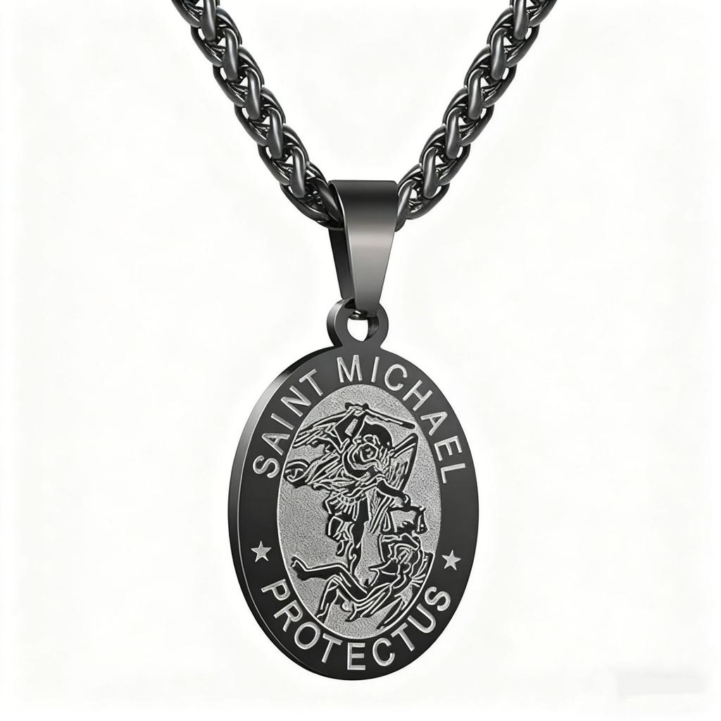 Vintage Oval Coin Pendant Necklace With St Michael Archangel Relief Design Unisex Jewelry