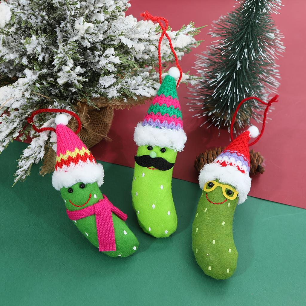 3pcs Christmas Pickle Ornaments with Santa Hats Festive Tree Decorations, No Power Needed, Featherless Fabric Home Party Decor