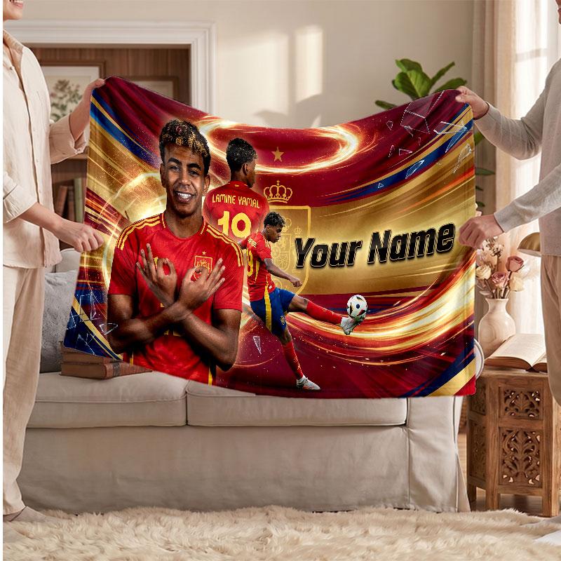 Lamine Yamal Personalized Fleece Blanket With Football Logo, Custom Name Text Soft Warm Home Throw Blanket