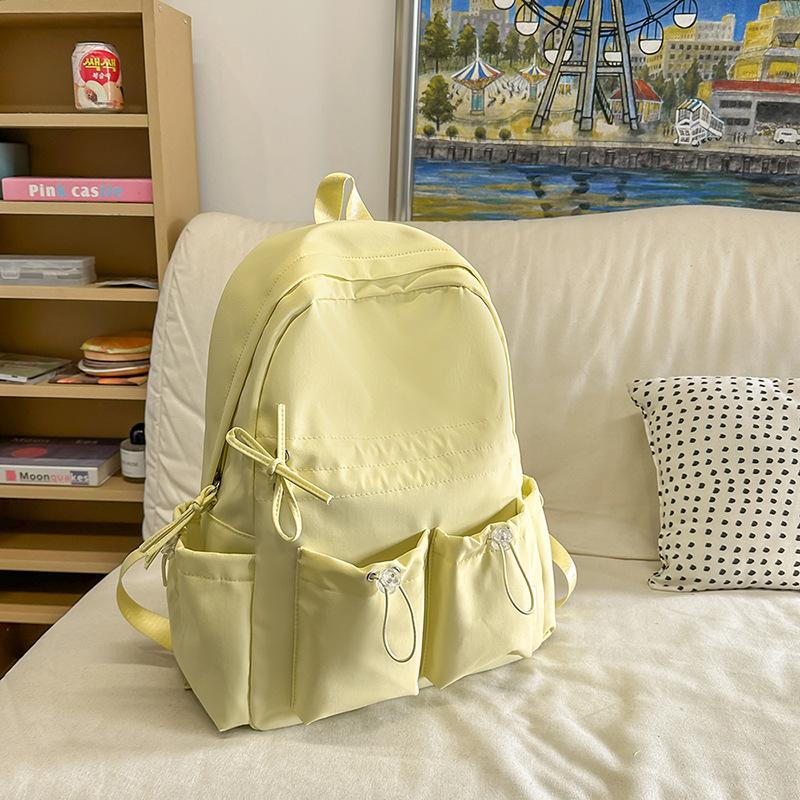Простой однотонный женский рюкзак с двойным карманом, на шнурке, легкий, студенческий, милый, для путешествий, с бантом, сумка студента колледжа