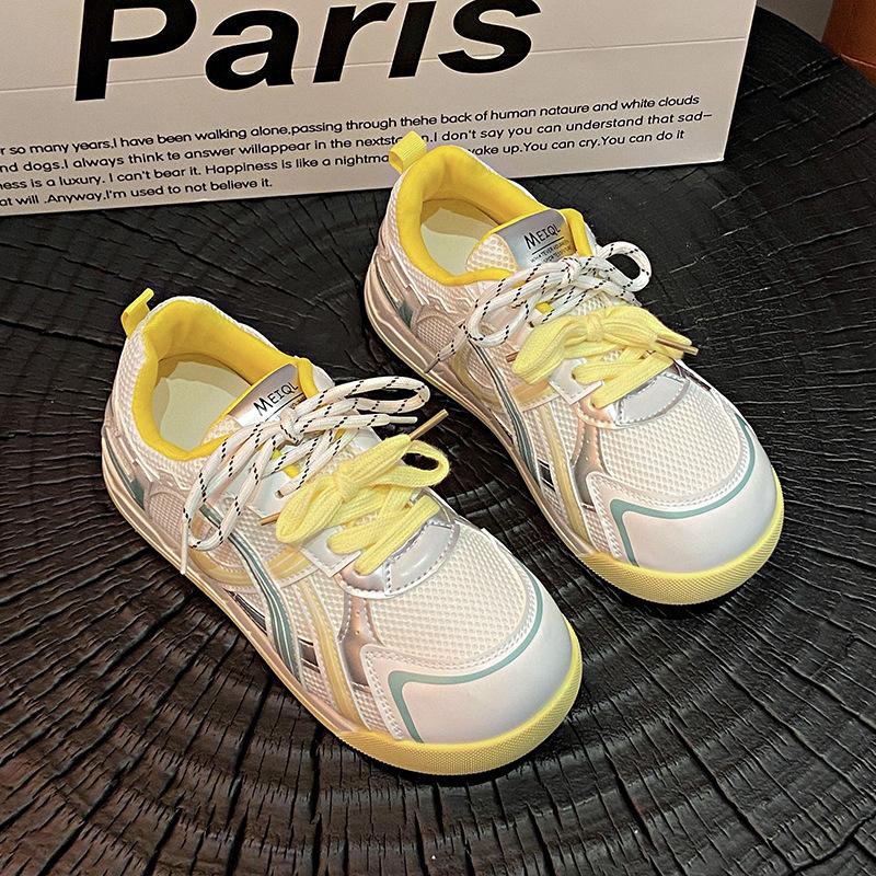 Faux Leather Mesh Breathable Dad Shoes Women's 2025 Summer New Lightweight Thick-soled Fashionable Versatile Casual Sports Shoes