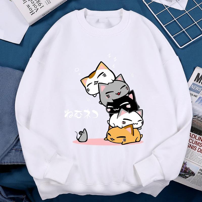 Stacked Cats Sleeping Don't See Mouse Мужская одежда Аниме-пуловеры с капюшоном Свободная флисовая толстовка Повседневная уличная одежда с круглым вырезом Пуловеры и длинные рукава мужские
