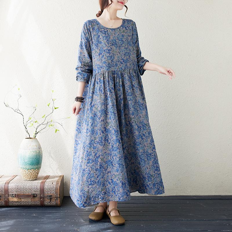 Осеннее хлопковое конопляное платье с круглым вырезом, свободного размера, с длинным рукавом, для женщин, винтажные платья в стиле бохо