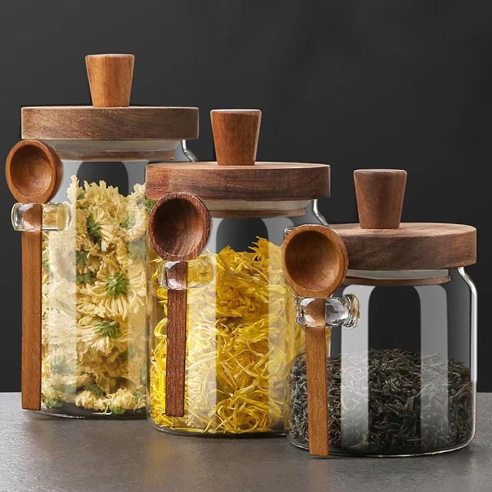 С деревянной крышкой стеклянные герметичные контейнеры с деревянной ложкой банка для хранения продуктов сахар