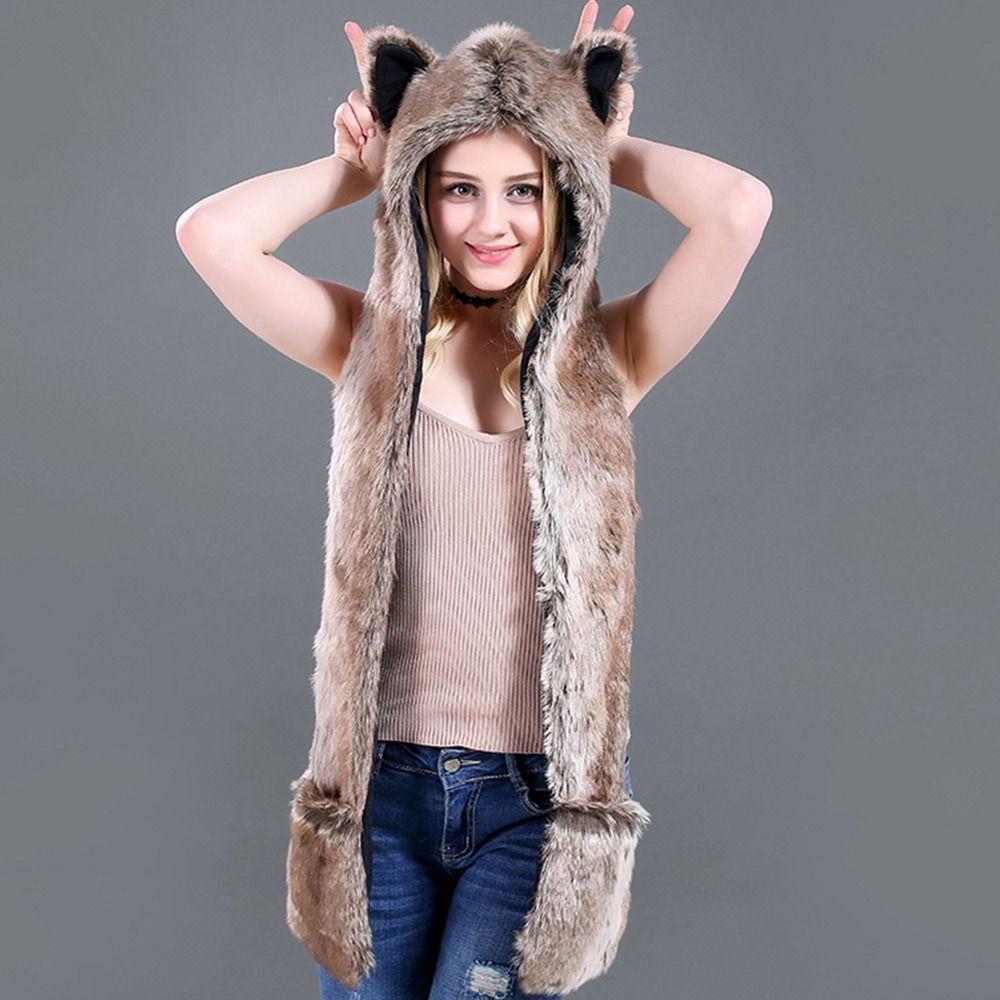 Теплая Теплая Шапка-Ушанка Животное Плюшевая Шапка-Бини Зимняя Шапка с Шарфом Перчатками для Мужчин Женщин