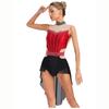 Women Lyrical Dance Dress Mock Neck Sleeveless Backless Shiny Rhinestones Color Block Mesh Skirted Leotard