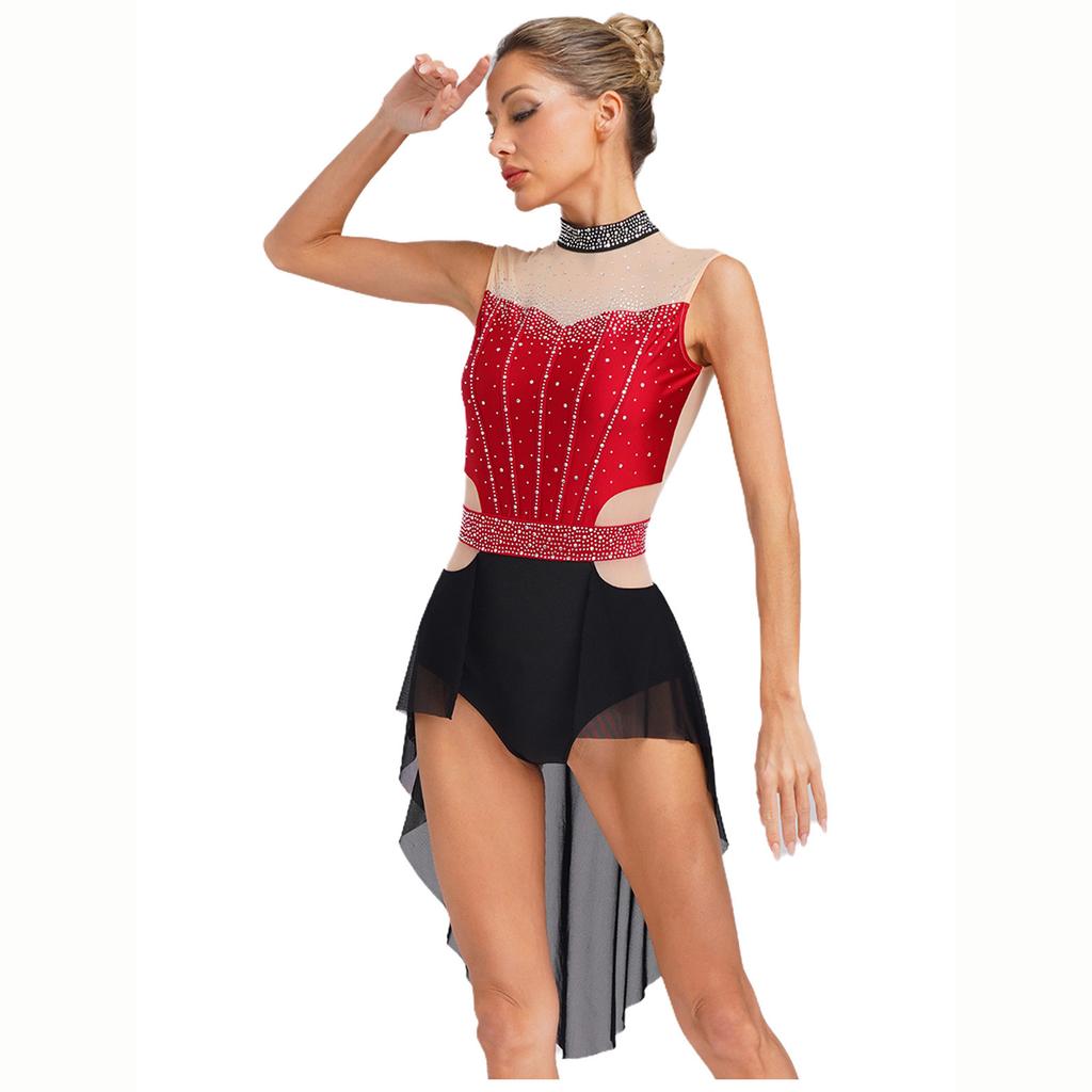 Women Lyrical Dance Dress Mock Neck Sleeveless Backless Shiny Rhinestones Color Block Mesh Skirted Leotard
