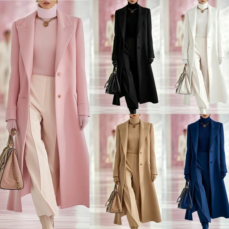 Womens Long Wool Blend Coat With Notched Lapel Loose Fit Office Chic Winter 2026