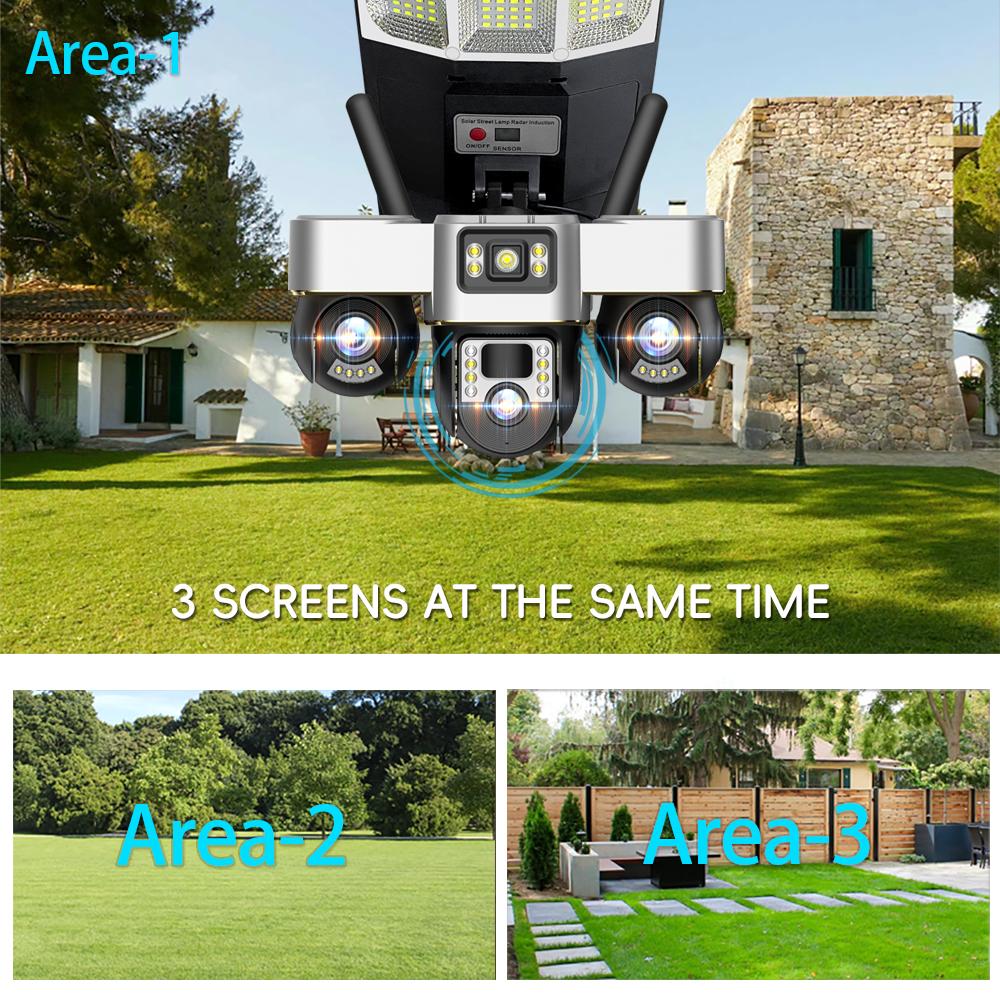 New Solar Street Light & Security Camera – Automatic Power, Smart Lighting, Three-Lens 4G WiFi Camera