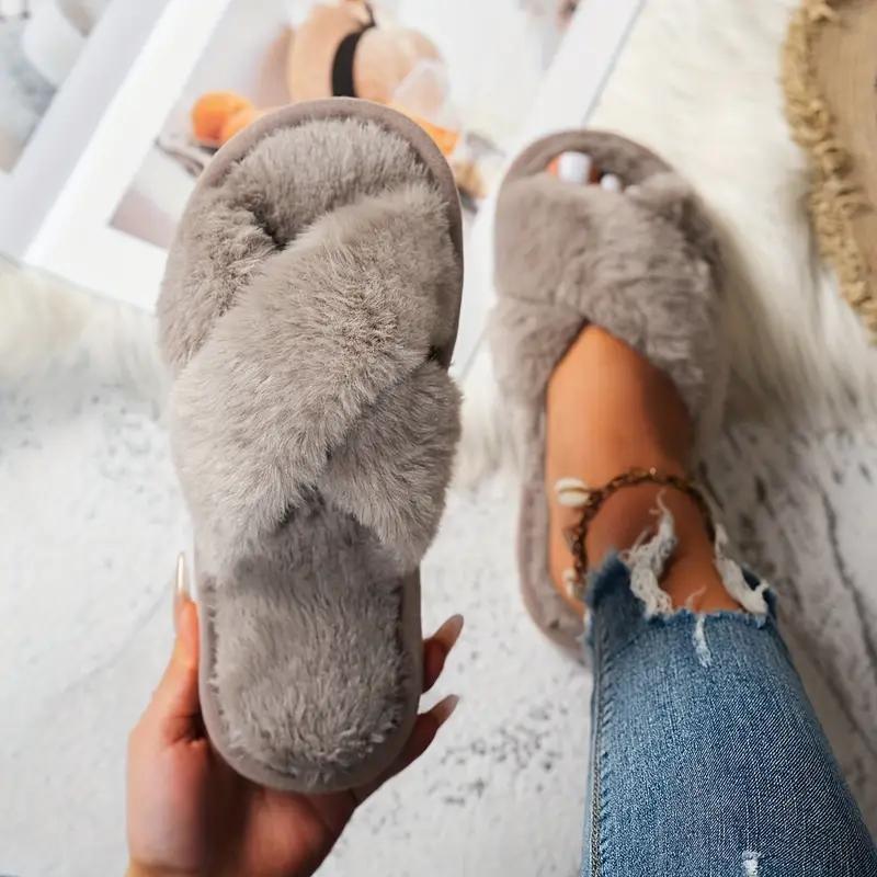 Женские уютные плюшевые шлепанцы с открытым носком и перекрещивающимися ремешками - Мягкие, пушистые домашние тапочки для комфорта осенью и зимой, домашняя обувь