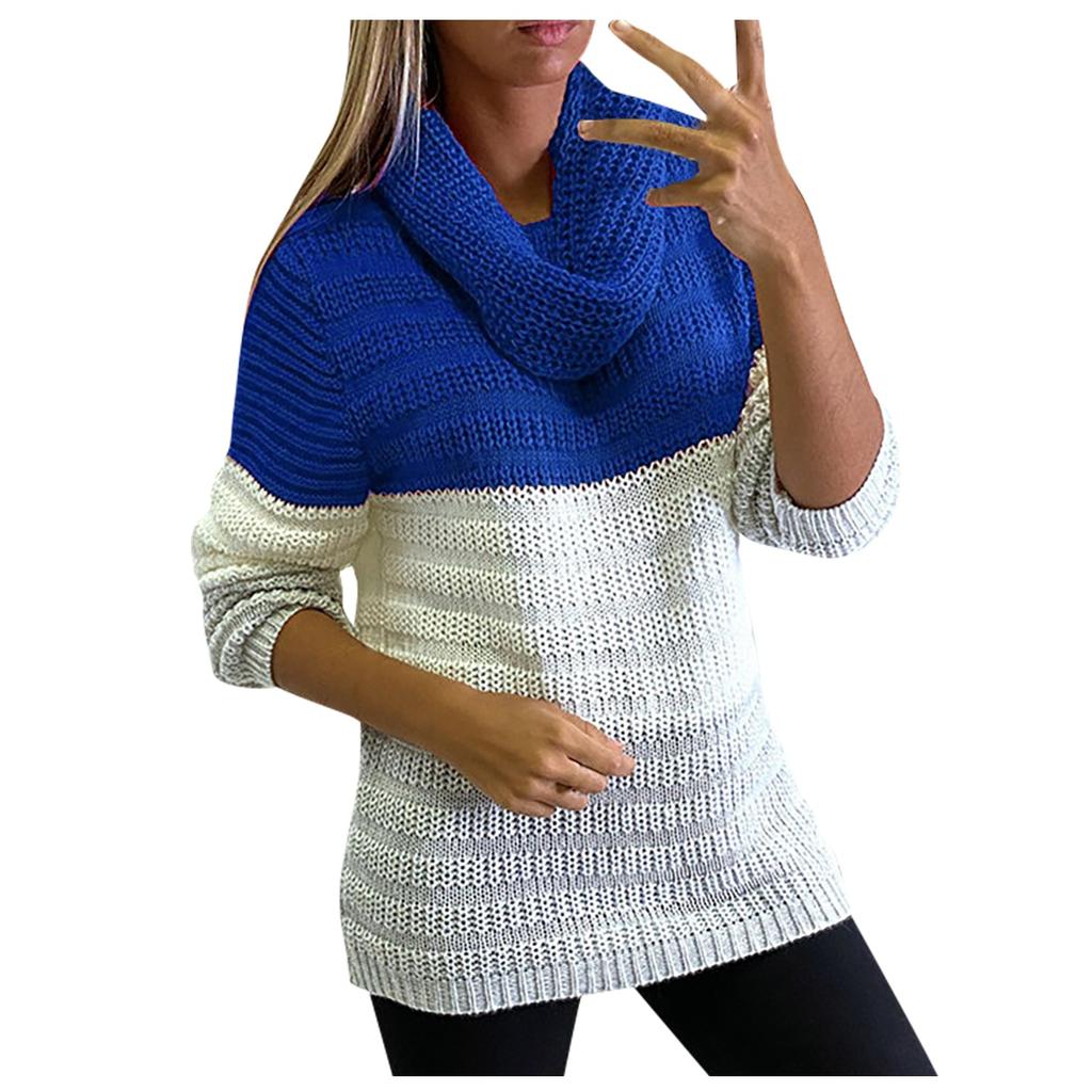 Ladies Casual Loose Round Neck Bib Color-blocking Long-sleeved Knitted Sweater
