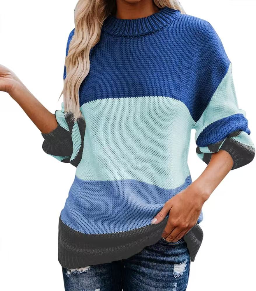 Autumn and winter women's knitted sweater fashionable loose large size round neck fresh simple striped splicing knitted sweater