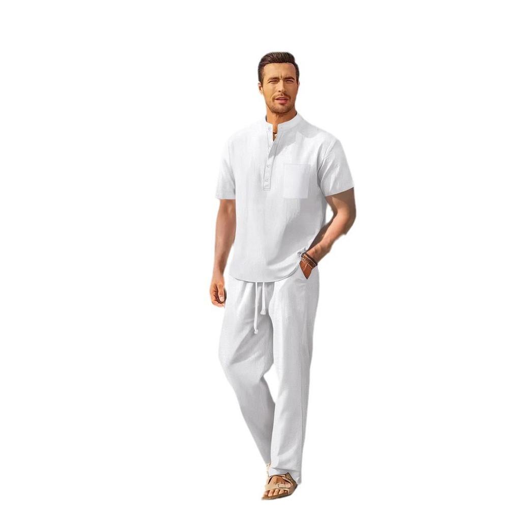 Мужской повседневный комплект из хлопка и льна на весну/лето 2025: Свободная футболка с коротким рукавом и длинные брюки