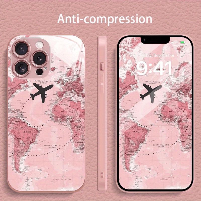 Простая Карта Узор Самолет Розовый Металлик Стекло Чехол для Телефона Для iPhone 17 16 15 14 13 12 11 Pro Max 15 Plus 17Air 16E Чехол