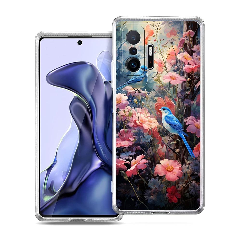 Прозрачный чехол для телефона для Xiaomi Mi 14 13 12 11 Ultra 13T 12T 11T Poco X3 NFC F3 F6 Pro 5G Мягкий ТПУ Цветочный Цветочный Птичий Узор