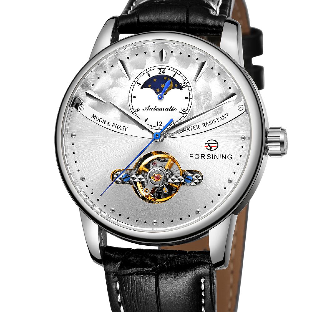 FORSINING Mens Watch Automatic Mechanical Classic Tourbillon Skeleton 24H Day Night Indicator Leather Band Male Dress Wristwatch