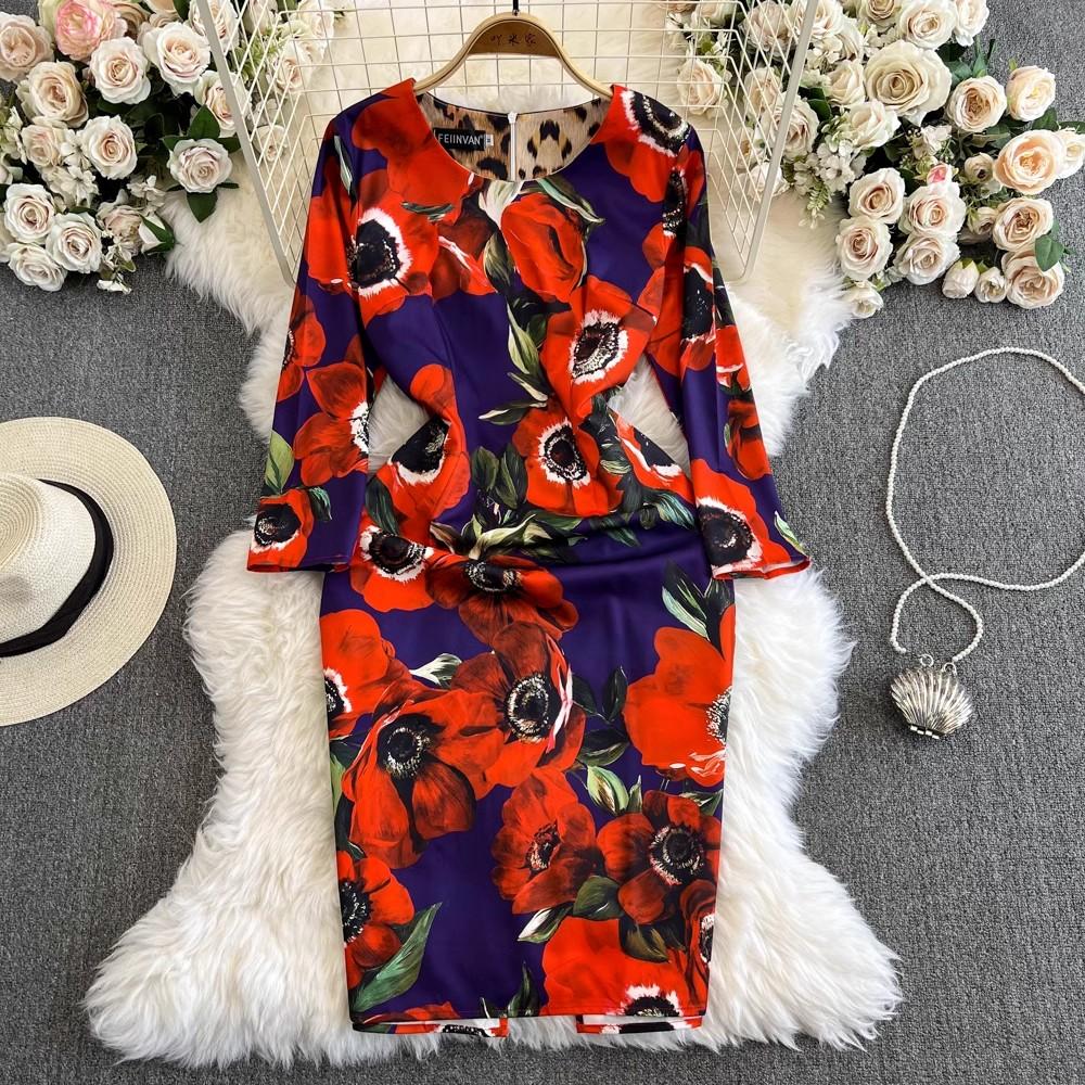 Летнее подиумное модное облегающее платье с принтом розы, женское праздничное платье с круглым вырезом и рукавами 3/4, элегантные вечерние платья миди с разрезом