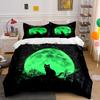 Green Moon Cat Silhouette Bedding Duvet Cover Set (1*Duvet Cover 2*Pillowcases, Without Duvet Insert)