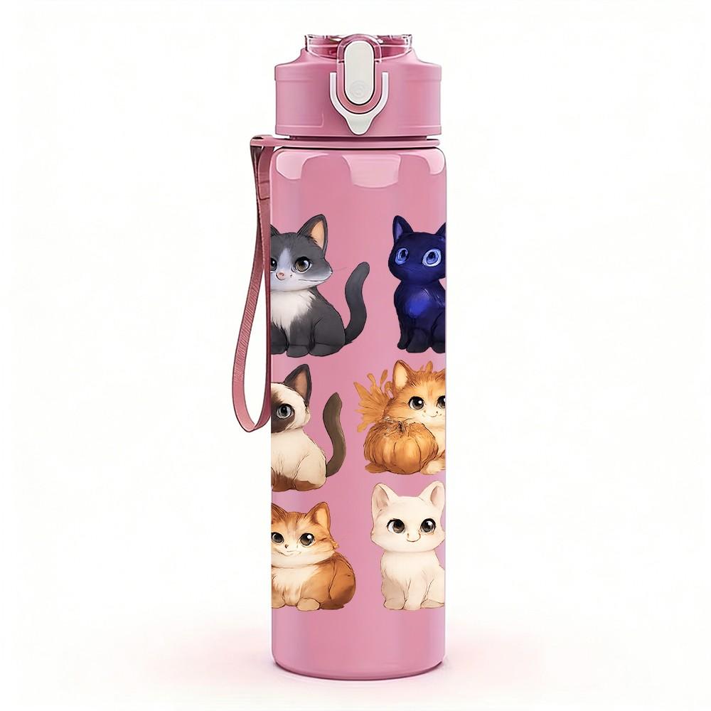 1PC Multi Breed Cat Repeat Pattern 750ml Color Plastic Sports Water Bottle Leakproof Flip Straw Lid Suitable for Sports Office Home Use