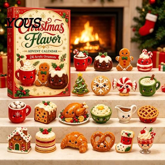 Gift Box for Children 2026 Christmas Characters Advent Calendar, 24-Day Countdown Food Theme Ornament Set, Holiday Fun Accessories 2D Acrylic Hanging