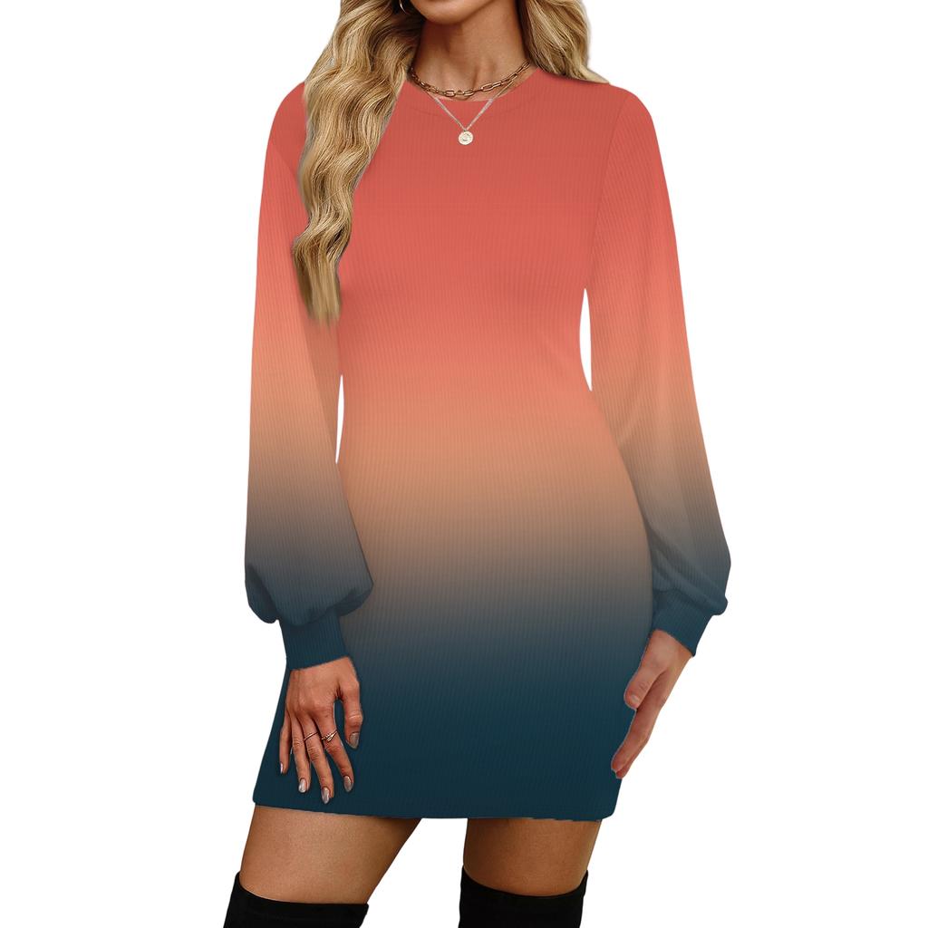 Женское модное повседневное платье с круглым вырезом и длинными рукавами