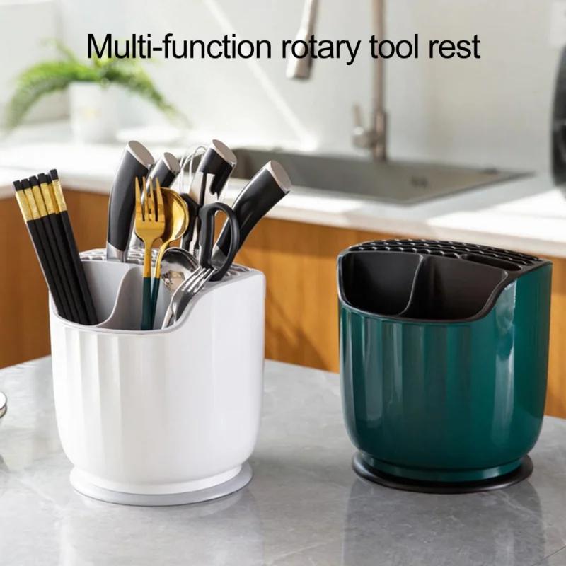360 Degrees Rotating Knife Holder Multi-Function Utensil Holder Knife Block Flatware Drainer Storage Box Spoon Fork for Kitchen
