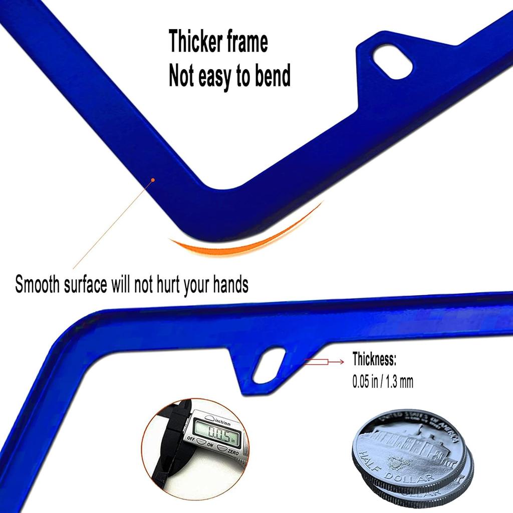 Blue License Plate Frames- Aluminum Front & Rear Car Tag Covers for Men Women, 2 Pack 4 Hole Thin Slim Holders with Mounting Hardware Kit- Screws,