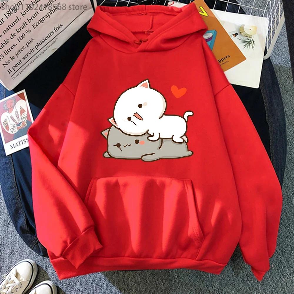 Peach Cat Print Hoodie Kawaii Cartoon Goma Mochi Sweatshirt Women's Clothing Femme Korean Style Streetwear Men Hoody