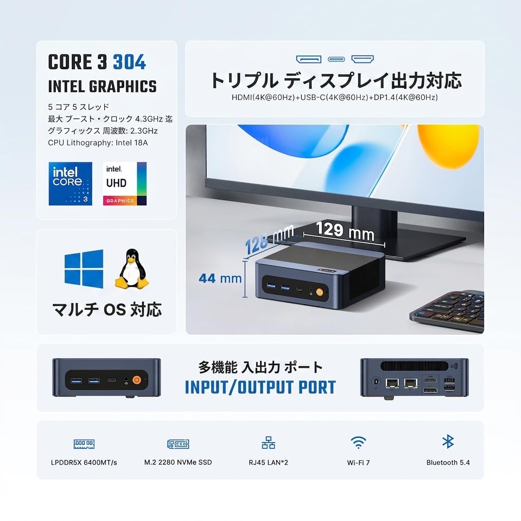 Мини-ПК BOSGAME Intel Core 3 Мини-компьютер до 12 ГБ DDR4 512 ГБ PCIe NVMe HDMI DP Настольный Мини-ПК E6, (5 ядер/5 потоков, 4,3 ГГц), ОЗУ, SSD, и