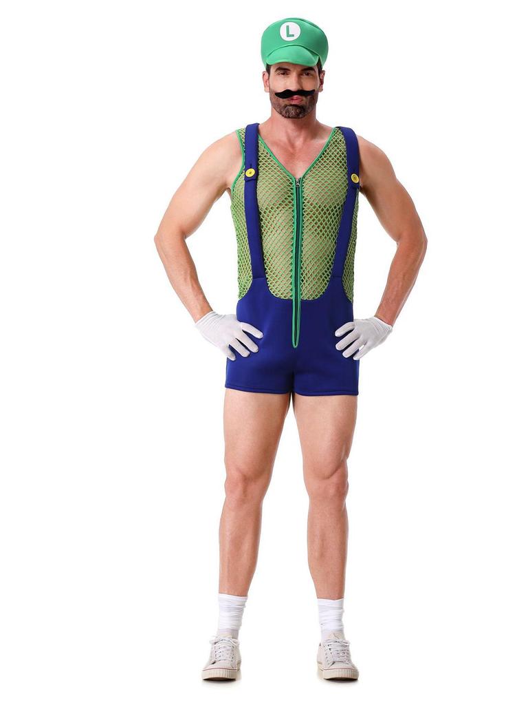 European & American Mario Character Costume: Adult Hat, Gloves, Beard, Suspenders for Men