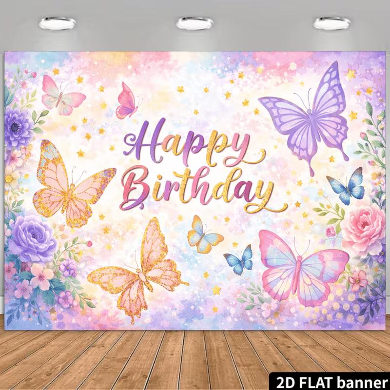 2D Whimsical Butterfly Birthday Backdrop with Flowers and Stars Photo Booth Banner