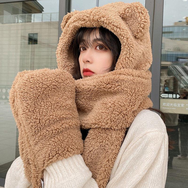 Cute Bear Ear Hat Scarf Gloves Set Winter Women Novelty Caps Warm Casual Plush Hats Casual Solid Fleece Girl Kawaii Accessories